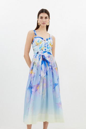 Ombre Floral Silk Cotton Strappy Prom Dress blue