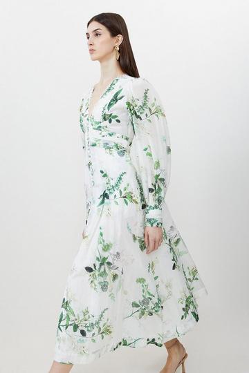 Green Silk Cotton Spring Floral Plunge Woven Maxi Dress