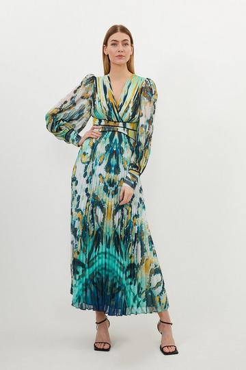Green Abstract Ombre Pleated Woven Midaxi Dress