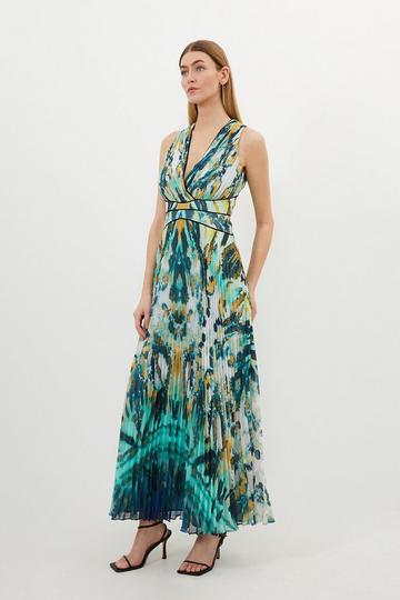 Green Abstract Ombre Pleated Sleeveless Midaxi Dress
