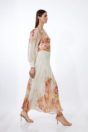 Border Print Floral And Satin Bodice Pleat Woven Maxi Dress floral