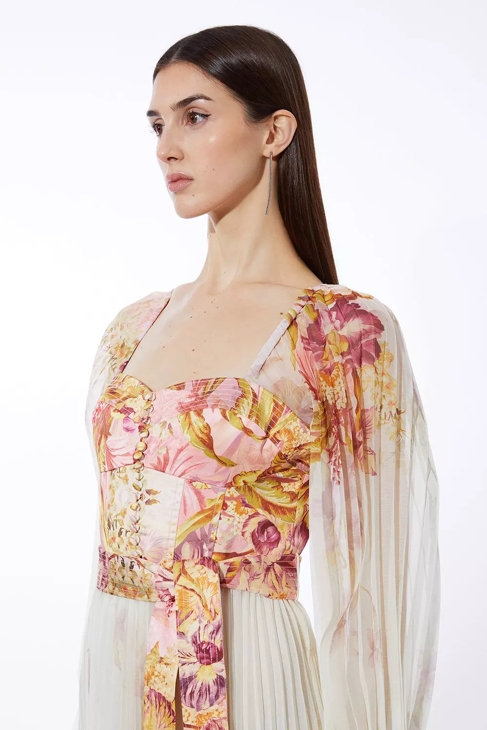 Border Print Floral And Satin Bodice Pleat Woven Maxi Dress | Karen Millen
