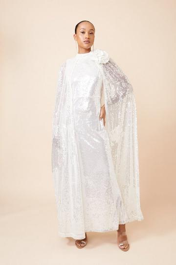 Sequin Rosette Cape Maxi Dress ivory