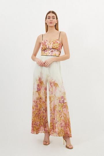Border Floral And Satin Pleated Jumpsuit floral