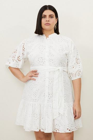 Plus Size Cotton Broderie Woven Tie Waist Mini Dress white