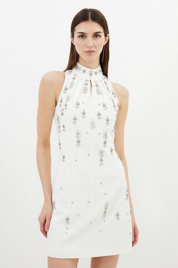 Ivory White Crystal Embellished Mini Halter Dress