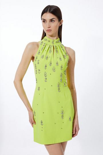 Crystal Embellished Mini Halter Dress soft lime
