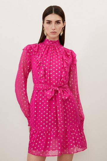 Pink Viscose Woven High Neck Metallic Thread Mini Dress