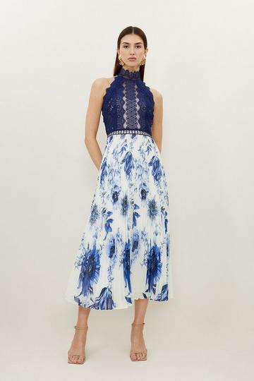Guipure Lace Floral Print Woven Halter Maxi Dress blue
