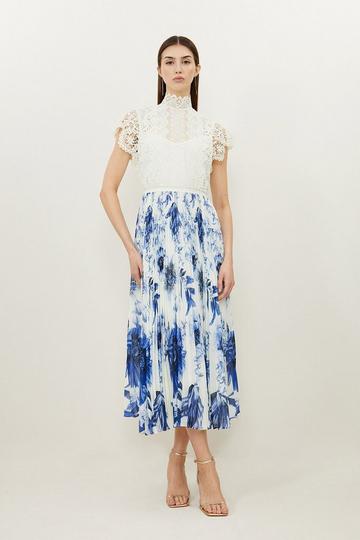 Guipure Lace Floral Print Woven Maxi Dress blue