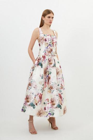 Multi Romantic Floral Print Woven Prom Midi Skirt