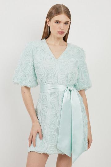 Romantic Rosette Texture Woven Tie Waist Mini Dress sage