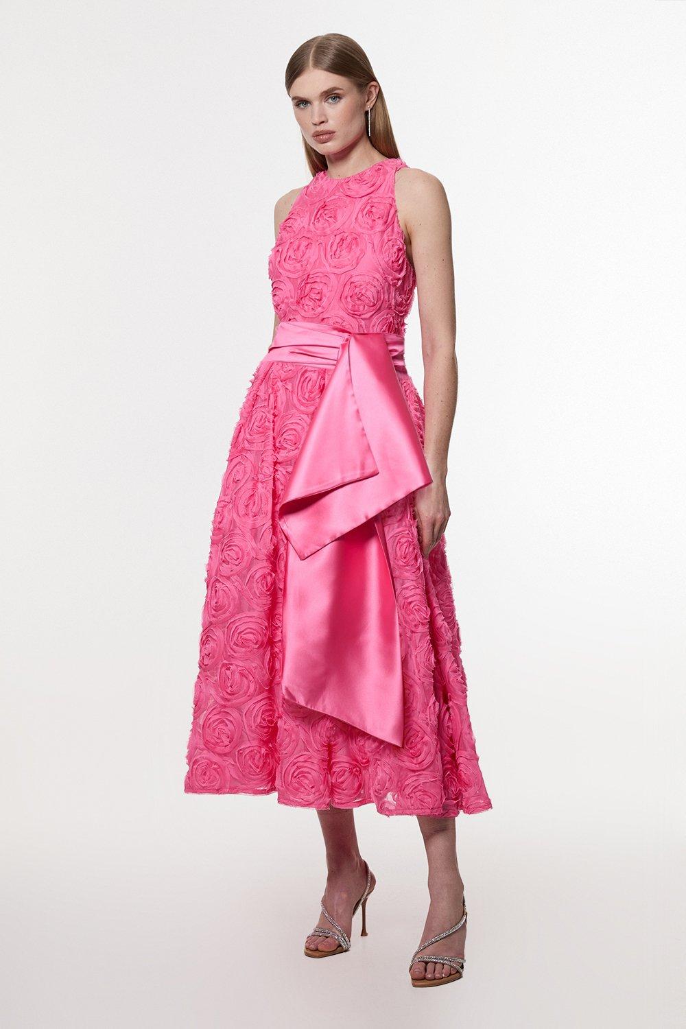 Romantic Rosette Texture Woven Prom Midi Dress - Pink