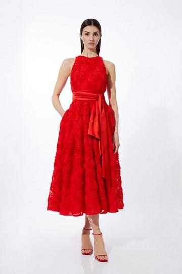 Romantic Rosette Texture Woven Prom Midi Dress red