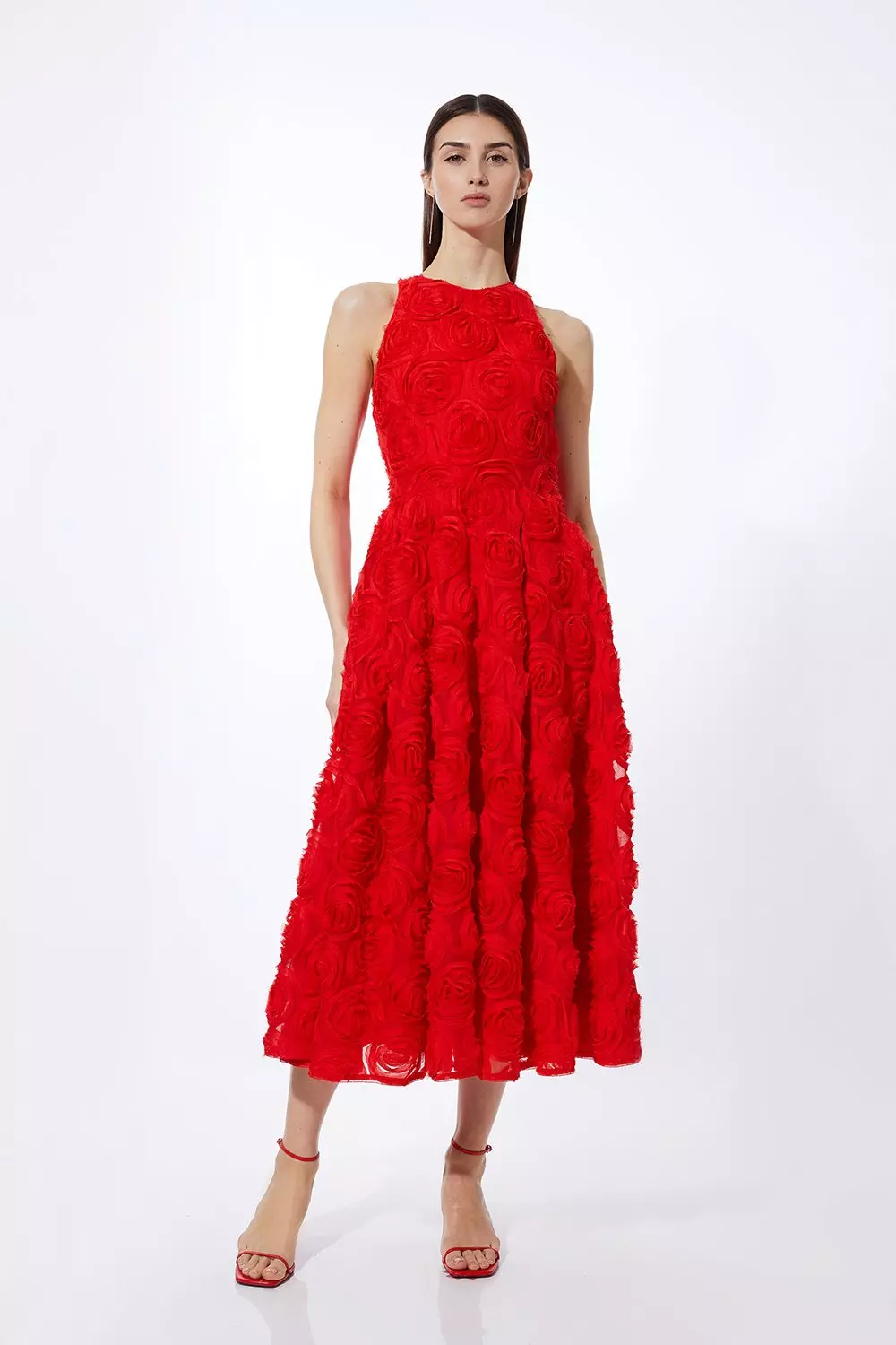 Romantic Rosette Texture Woven Prom Midi Dress