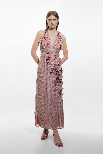Embroidery And Applique Woven Halter Woven Maxi Dress pink