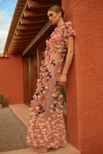 Pink Embroidery And Applique Angel Sleeve Woven Maxi Dress