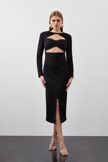 Black Italian Structured Jersey Cut Out Pencil Midi Dress