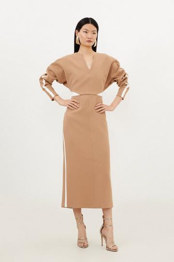 Compact Stretch Contrast Panel Tailored Midi Dress camel