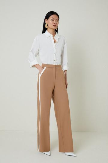 Compact Stretch Contrast Panel Wide Leg Tailored Trousers camel