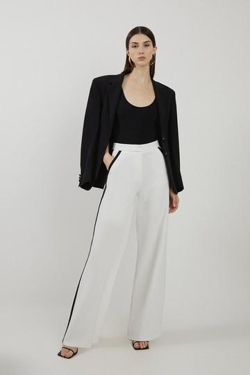 Compact Stretch Contrast Panel Wide Leg Tailored Trousers ivory