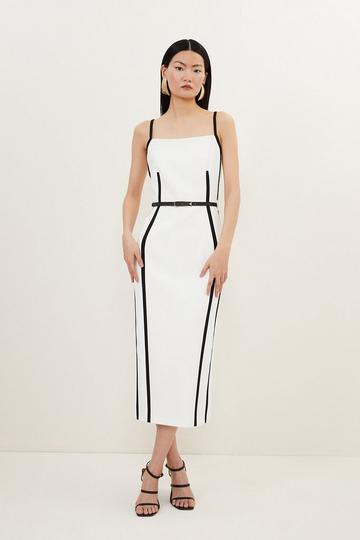 Petite Compact Stretch Contrast Tailored Belted Midi Dress ivory
