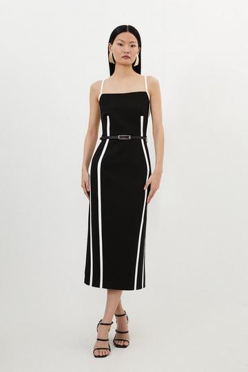 Black Compact Stretch Contrast Tailored Belted Midi Dress
