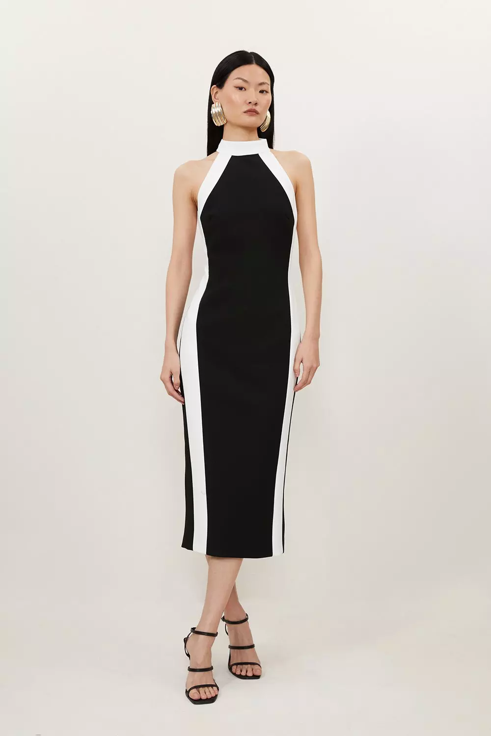 Petite Compact Stretch Contrast Halter Neck Midi Dress Karen Millen