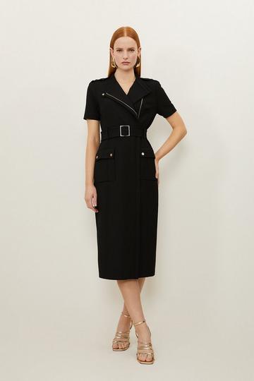 Petite Compact Stretch Wrap Belted Tailored Midi Dress black