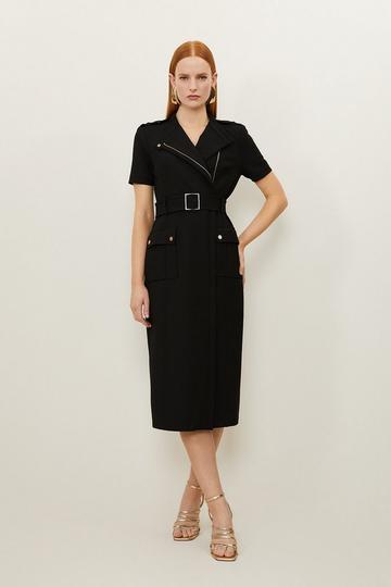 Compact Stretch Wrap Belted Tailored Midi Dress black