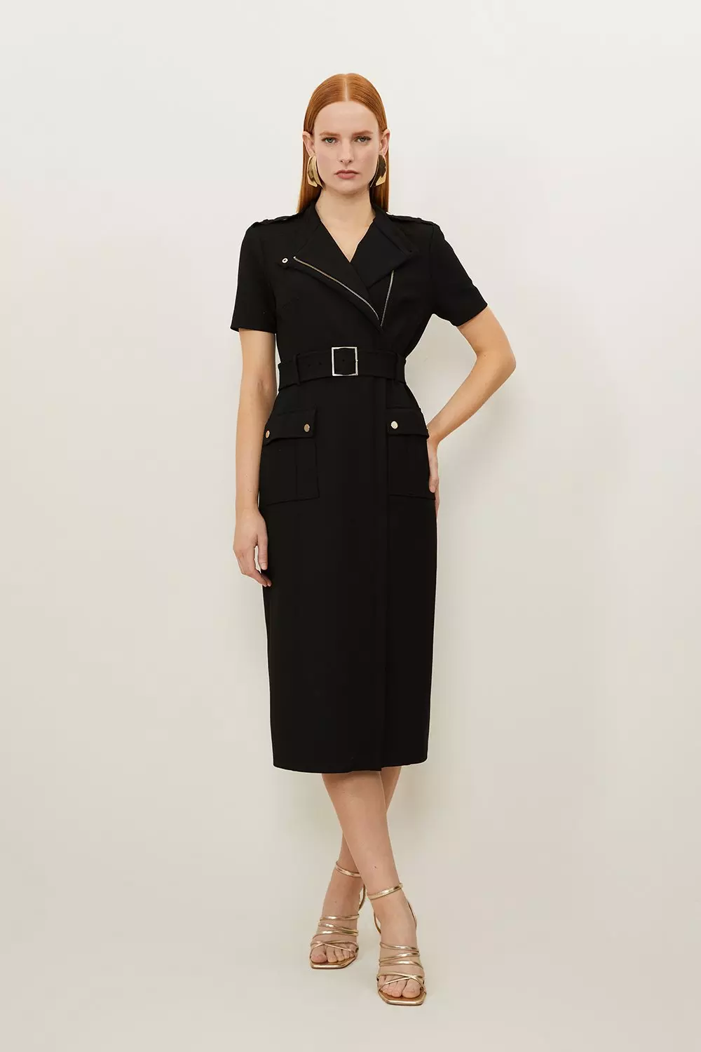 Compact Stretch Wrap Belted Tailored Midi Dress Karen Millen