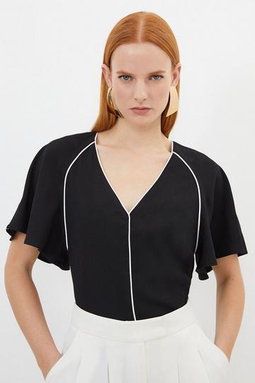 Black Contrast Piping Satin Back Crepe Woven Batwing Sleeve Blouse