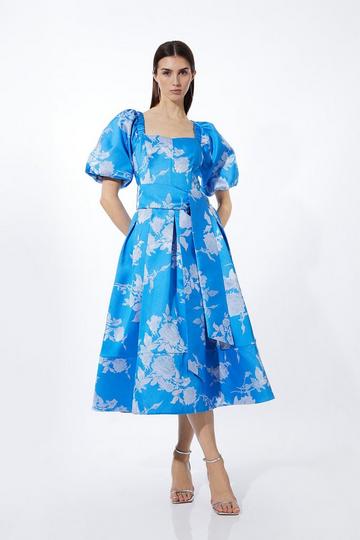 Blue Jacquard Puff Sleeve Belted Woven Dress