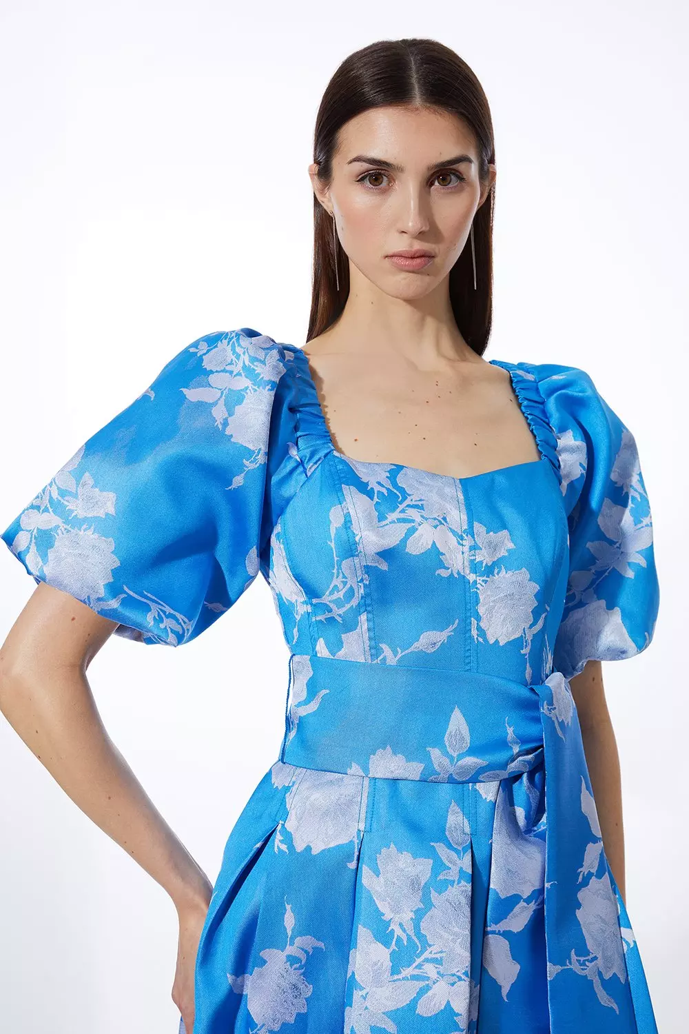 Jacquard Puff Sleeve Belted Woven Dress | Karen Millen