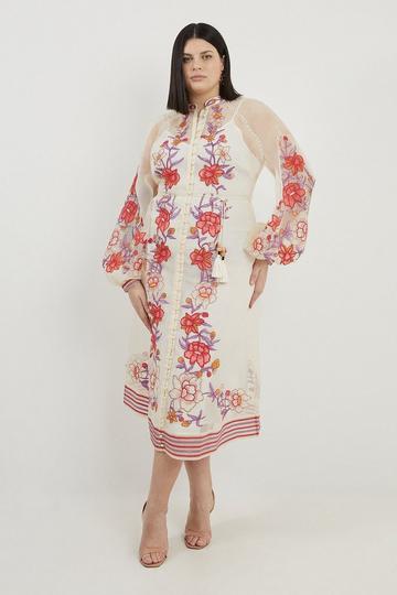 Plus Size Floral Embroidery Organdie Woven Midi Dress blush