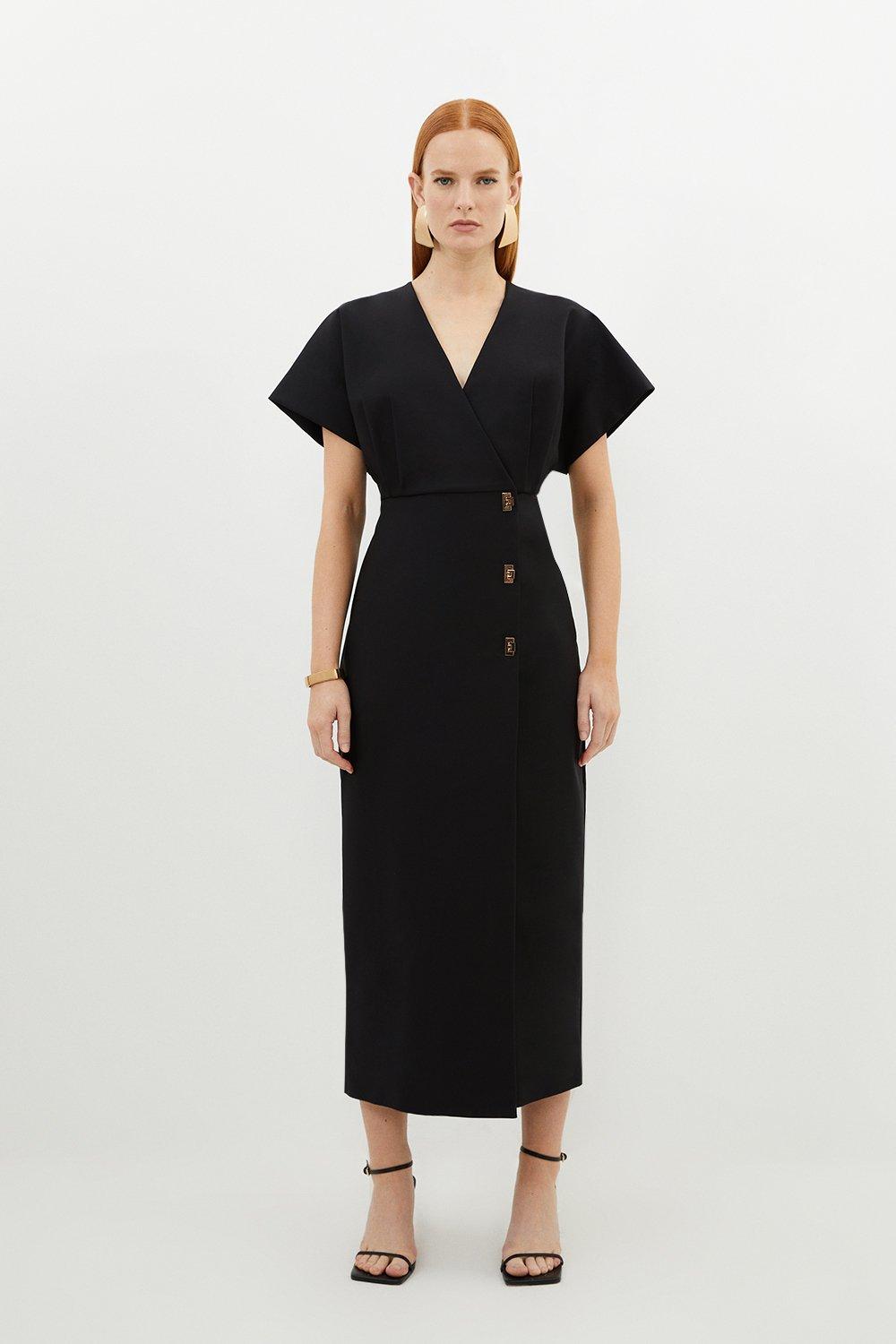 Techno Cotton Woven Midi Dress With Gold Clasp - Black