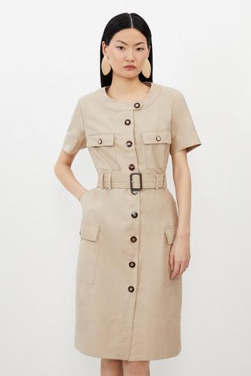 Twill Canvas Cargo Pocket Belted Tailored Midi Dress tan