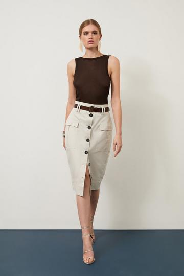 Twill Canvas Cargo Pocket Button Front Belted Midi Skirt tan