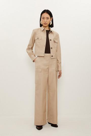 Twill Canvas Cargo Pockets Wide Leg Tailored Trousers tan