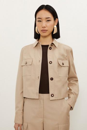 Twill Canvas Front Pocket Tailored Cropped Jacket tan