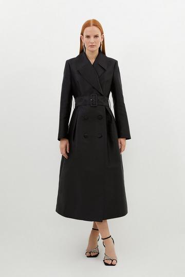 Satin Twill Tailored Full Skirted Belted Maxi Coat black