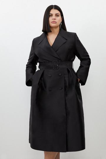 Black Plus Size Satin Twill Tailored Full Skirted Belted Midaxi Dress