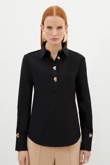 Black Techno Cotton Woven Shirt With Gold Clasp