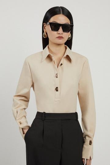 Techno Cotton Woven Shirt With Gold Clasp sand
