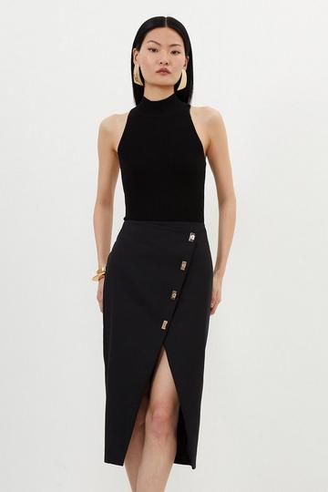 Techno Cotton Woven Pencil Skirt With Gold Clasp black
