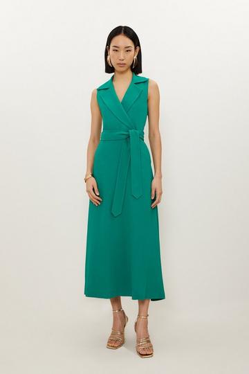 Green Compact Stretch Viscose Belted Tailored Midi Shirt Dress