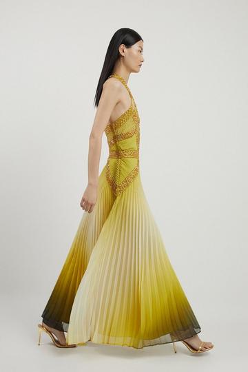 Geo Embellished Ombre Pleated Woven Maxi Dress gold