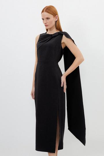 Black Compact Stretch Viscose Knot Drape Tailored Midi Dress