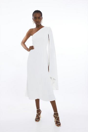 Compact Stretch Viscose One Shoulder Drape Full Skirt Dress ivory