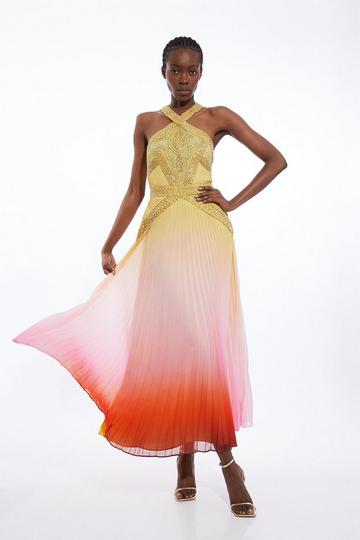 Yellow Geo Embellished Ombre Pleated Woven Maxi Dress